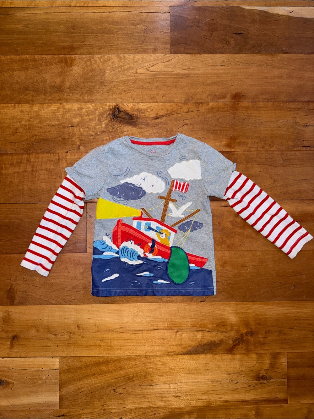 Mini Boden Gray Nautical Boat Tee with Red Striped Sleeves - 3-4Y